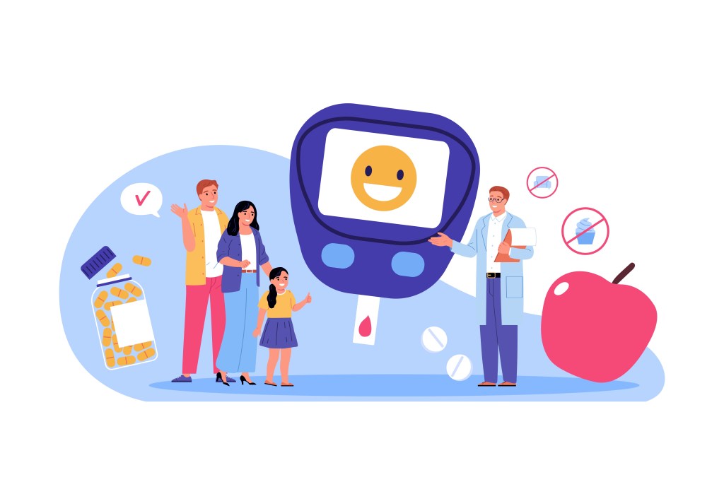 Illustration d'une famille et d'un médecin discutant de la gestion du diabète, avec un glucomètre affichant un smiley, des médicaments, une pomme et des symboles d'interdiction.
